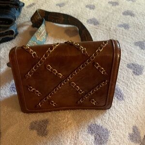Brown Leather Crossbody Bag with Gold Chain Detail